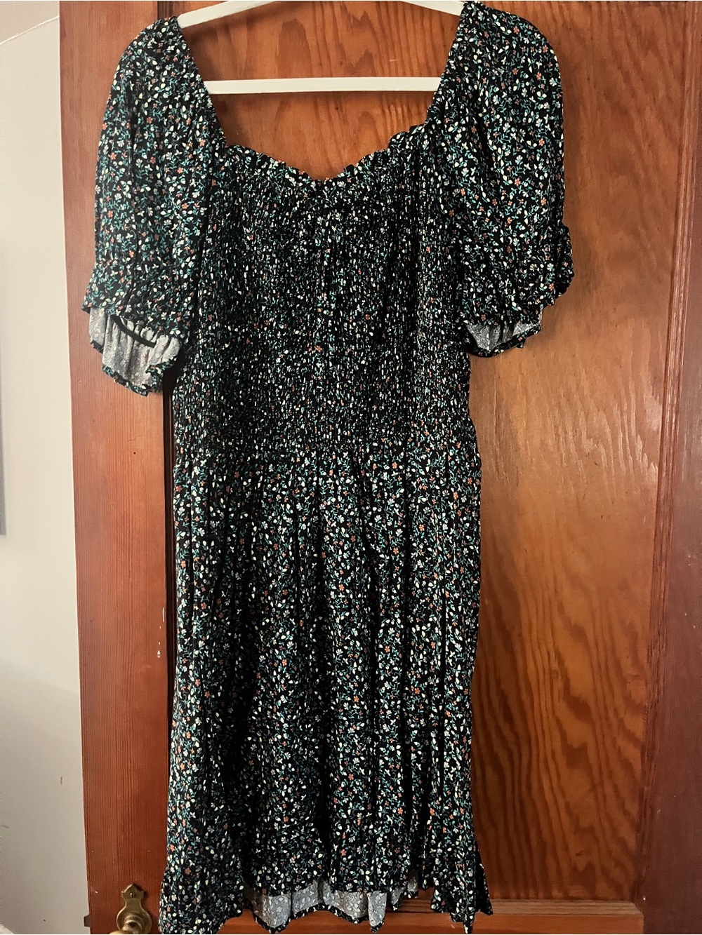Black Floral Smocked Midi Dress with Puff Sleeves